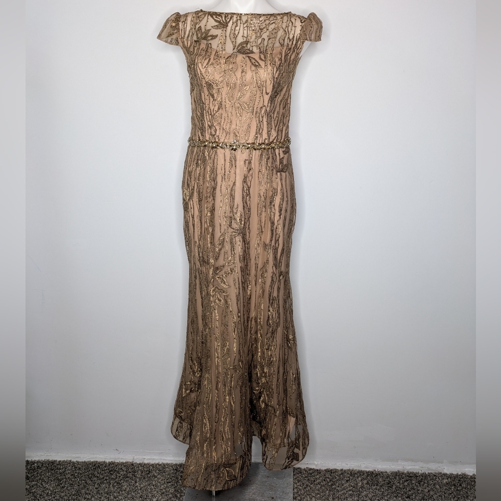 Cameron Blake Brown 221685 Embroidered Rhinestone Cap Sleeve Evening Gown 12